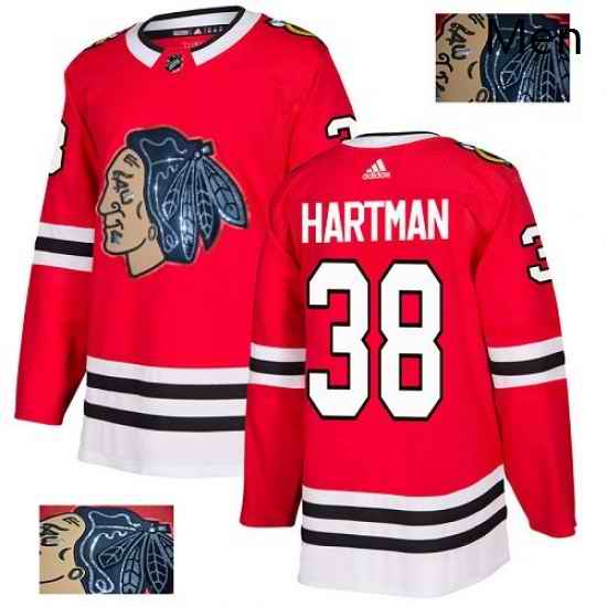 Mens Adidas Chicago Blackhawks 38 Ryan Hartman Authentic Red Fashion Gold NHL Jersey
